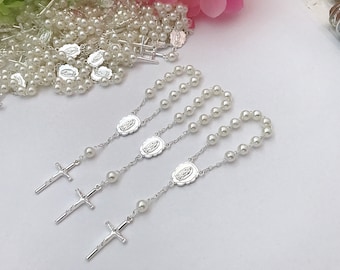 30 light ivory baptism favors acrylic pearls silver plated mini rosaries/ communion favors/ decenario / recuerdo  para bautizo/ christening