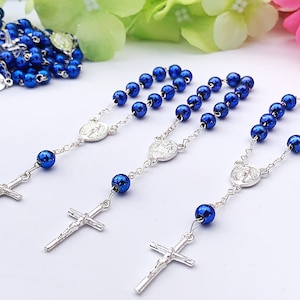 100 Royal  Blue baptism favors faux pearls metallic Silver plated mini rosaries/ communion favors / recuerdos para bautizo/azul rey