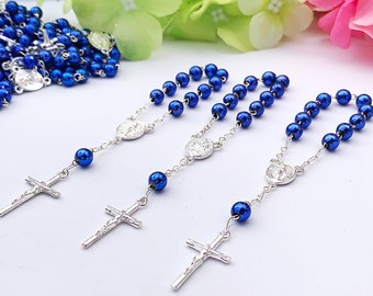 25 Royal  Blue baptism favors faux pearls metallic Silver plated mini rosaries/ communion favors / recuerdos para bautizo/azul rey
