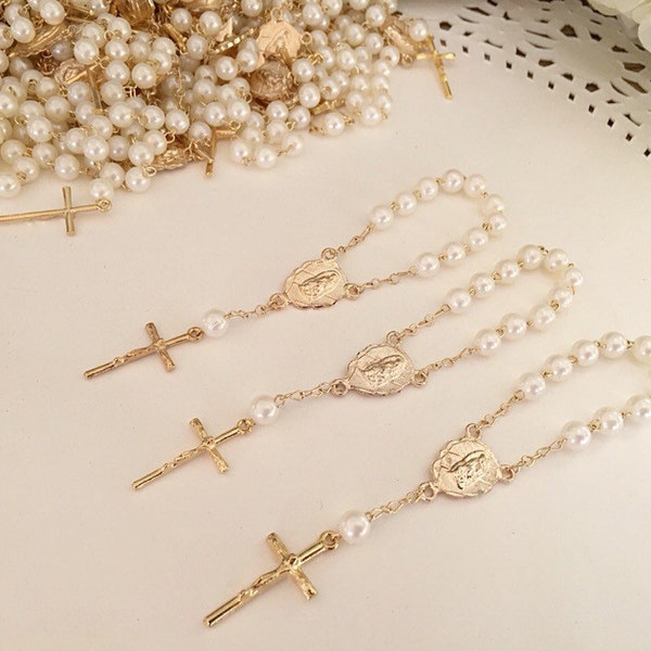 5 baptism favors acrylic pearls vintage gold /mini rosaries/ communion favors/ decenario / recuerdo  para bautizo/ christening favor