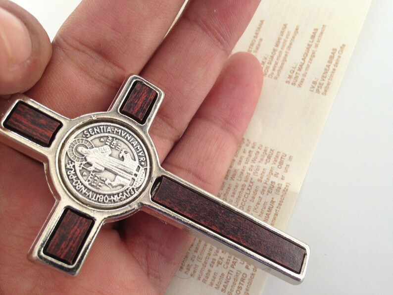 St Benedict crucifix 3 tall, brown and silver plated/ medalla de San Benito en color cafè y plateado image 4