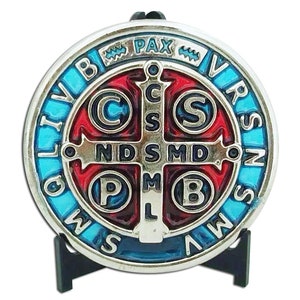 Hand Made XL St Benedict Medallion Blue and Red / desk medal/ medal de San Benito/ St Benedict Cross medal