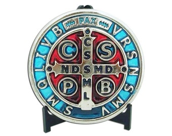 Hand Made XL St Benedict Medallion Blue and Red / desk medal/ medal de San Benito/ St Benedict Cross medal