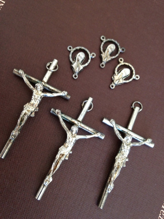 Crucifixes and Center Pieces 3 Each Silver Finish for Rosary Making/ Rosar  Crucifixes 2.5 Inch Tall / Cruces Para Rosario 