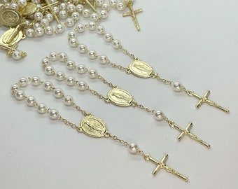 30 baptism favors acrylic pearls vintage gold Tone Miraculous medal mini rosaries/communion favors/ recuerdos para bautizo/christening favor