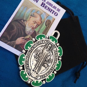 St Benedict  Medal oval decorated /3&quot; tall/ exorcism medal/ antique silver with green finish/ medalla de San  Benito verde
