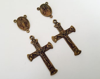 Crucifixes and center pieces (2 each) vintage gold finish for Rosary making/rosary components