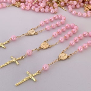 30 baptism favors acrylic pearls gold or silver Plated /mini rosaries/communion favors/ decenario / recuerdo para bautizo/ christening favor pink/gold plated