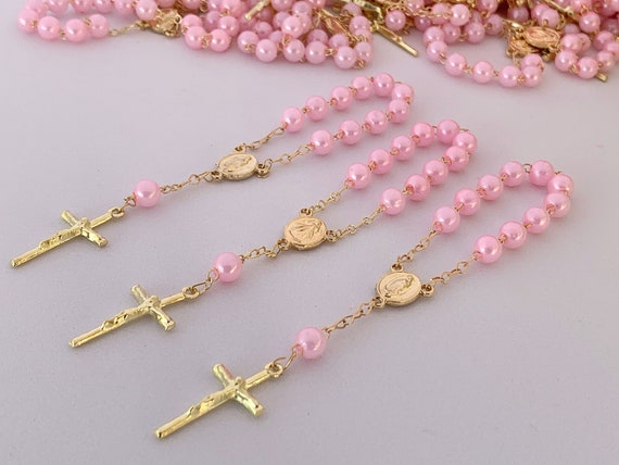 25 Gold Plated Mini Rosary for Baptism Favors in ivory color Faux pearls,  recuerdos de bautizo color Beige, christening Favors off white color Gold