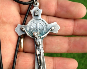 St Benedict medal Cross oxidized silver finish necklace from Italy / CRuz de San Benito