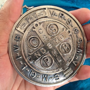 Large Saint Benedict Pendant Cross Medal/ 3 inches St Bendict Medallion in Vintage silver tone /Medalla De San Benito Grande en tono Plata