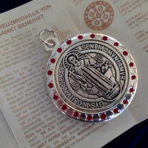 Large Saint St Benedict cross medal pendant silver plated with red dots/ medalla de San Benito / jubilee Medal
