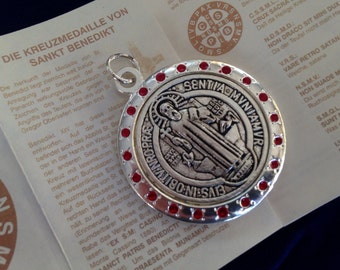 Large Saint St Benedict cross medal pendant silver plated with red dots/ medalla de San Benito / jubilee Medal