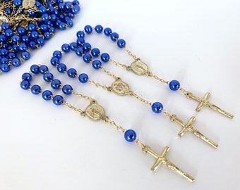 25 Royal  Blue baptism favors faux pearls metallic Finish Vintage  silver plated mini rosaries/ communion favors / recuerdos para bautizo
