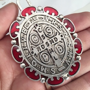 St Benedict  Medal oval decorated /3&quot; tall/ exorcism medal/ antique silver with green finish/ medalla de San  Benito Roja