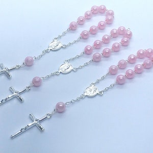 30 baptism favors acrylic pearls gold or silver Plated /mini rosaries/communion favors/ decenario / recuerdo para bautizo/ christening favor pink/silver plated