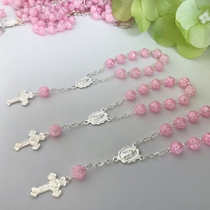45 Baby Pink  silver plated Baptism Favors with Pearlized Finish Beads In Shape of A Rosebud/ COMMUNION FAVORS /recuerdos de bautizo en en c
