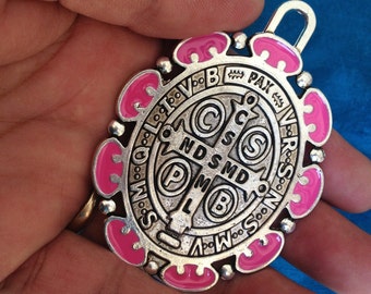St Benedict  Cross Large jubilee medal Oval shape/3" tall/ exorcism medal/ silver and pink  finish with Prayer Card