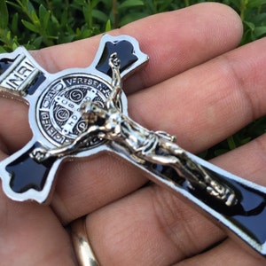 St. Benedict Medal cross 3&quot; tall, MRT, Black And Silver finish,exorcism crucifix , cruz de San Benito
