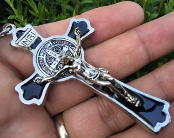 St. Benedict Medal cross 3&quot; tall, MRT, Black And Silver finish,exorcism crucifix , cruz de San Benito