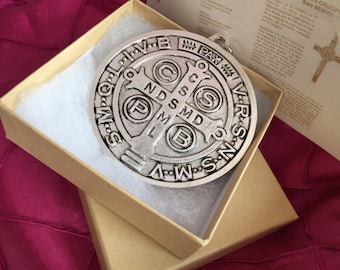 St Benedict  medal 3" XL / jubilee medal MRT/ medalla con Cruz de San Benito  extra grande San Benito 3" silver plated