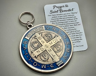 St Benedict XL 3" antique silver with Prayer card tone medal with Blue resin, medal made in Italy/ medalla San Benito en resina azul