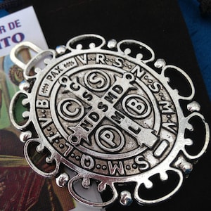 St Benedict  Cross Large jubilee medal Oval shape/3&quot; tall/ exorcism medal/ antique silver finish with Prayer Card