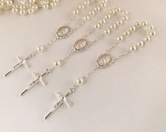 40 light ivory baptism favors acrylic pearls silver plated mini rosaries/ communion favors/ decenario / recuerdos  para bautizo/ christening