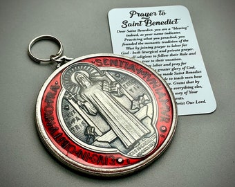 St Benedict XL 3" antique silver tone medal with Red resin wit wallet size prayer card made in Italy/medalla San Benito en resina Roja