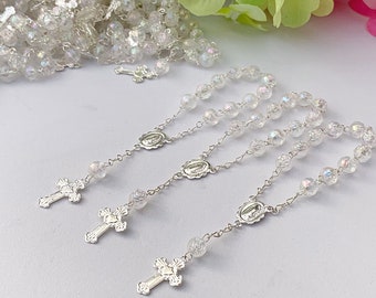 100 Wholesale silver plated baptism favors mini rosaries Clear with AB coating/ communion favors/Recuerdos  para bautizo/ Christening favors