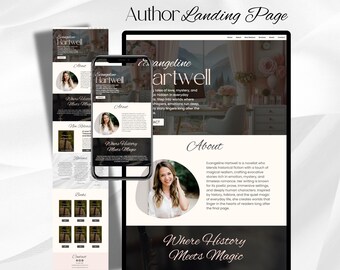 May include: A website landing page for Evangeline Hartwell, a novelist who writes historical fiction with a touch of magic. The page features a photo of the author, a description of her work, and a call to action to learn more.