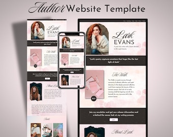 May include: A website template for an author, featuring a pink and white background with a photo of a woman and text that reads "Lark Evans, A poet who writes with a heart attuned to life's quiet beauty." The website also includes a section about the author, a section about their book, and a call to action to join the author's newsletter.