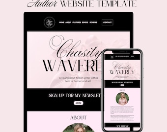 May include: A website template for an author, featuring a pink and black color scheme. The website includes a header with navigation links, a section with the author's name and a brief description, a call to action to sign up for the author's newsletter, and a section about the author. The website also includes a photo of the author.