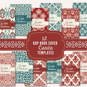 Puede incluir: Doce plantillas digitales de portada de libro para Canva con un tema navideño blanco. Las plantillas presentan un patrón de damasco rojo y azul verdoso con el texto "White Christmas" repetido en cada portada.