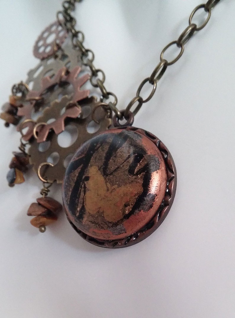 Fused Glass Handmade Jewelry Ready to Ship and Tigers Eye gemstone chips Butterfly Dreams Steampunk Necklace with Gears