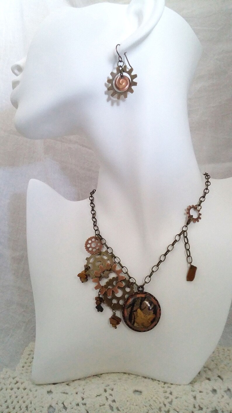 Fused Glass Handmade Jewelry Ready to Ship and Tigers Eye gemstone chips Butterfly Dreams Steampunk Necklace with Gears