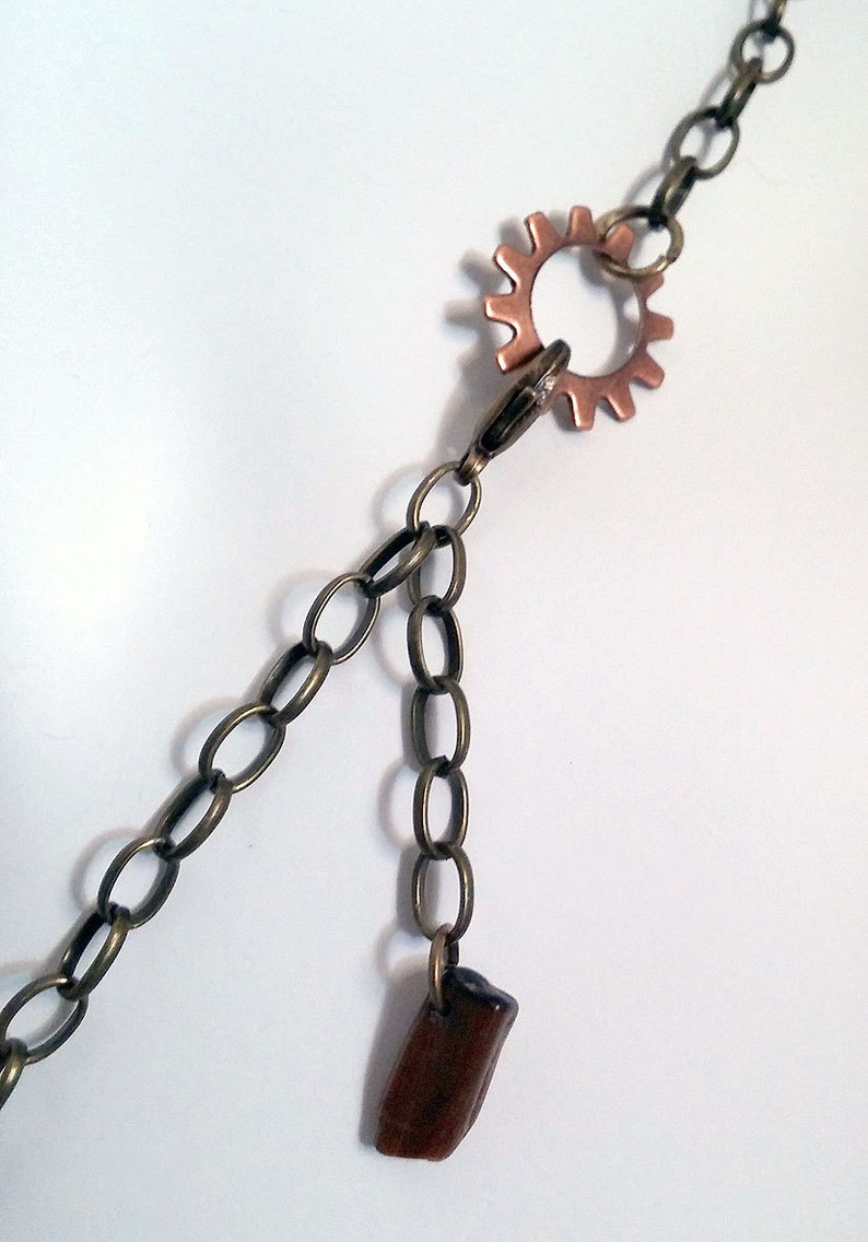 Fused Glass Handmade Jewelry Ready to Ship and Tigers Eye gemstone chips Butterfly Dreams Steampunk Necklace with Gears