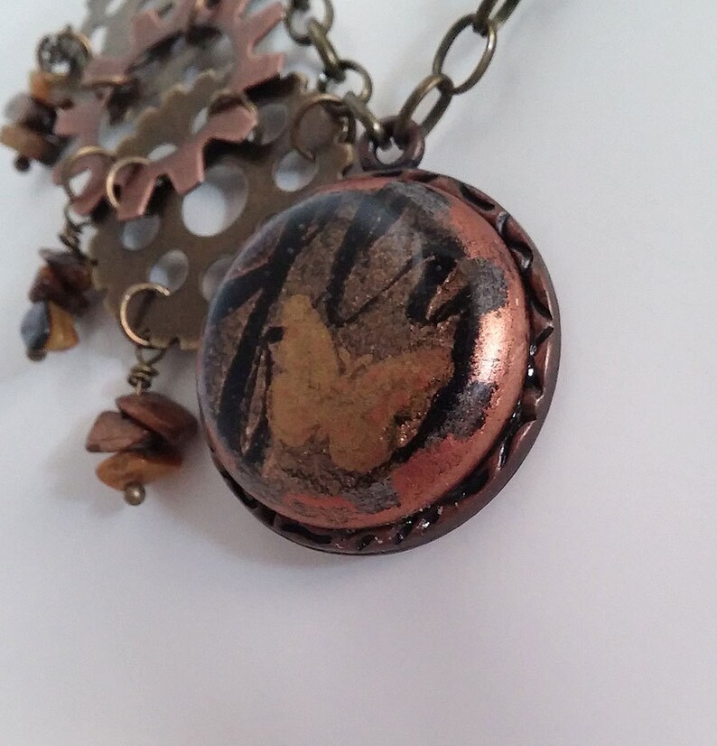 Fused Glass Handmade Jewelry Ready to Ship and Tigers Eye gemstone chips Butterfly Dreams Steampunk Necklace with Gears