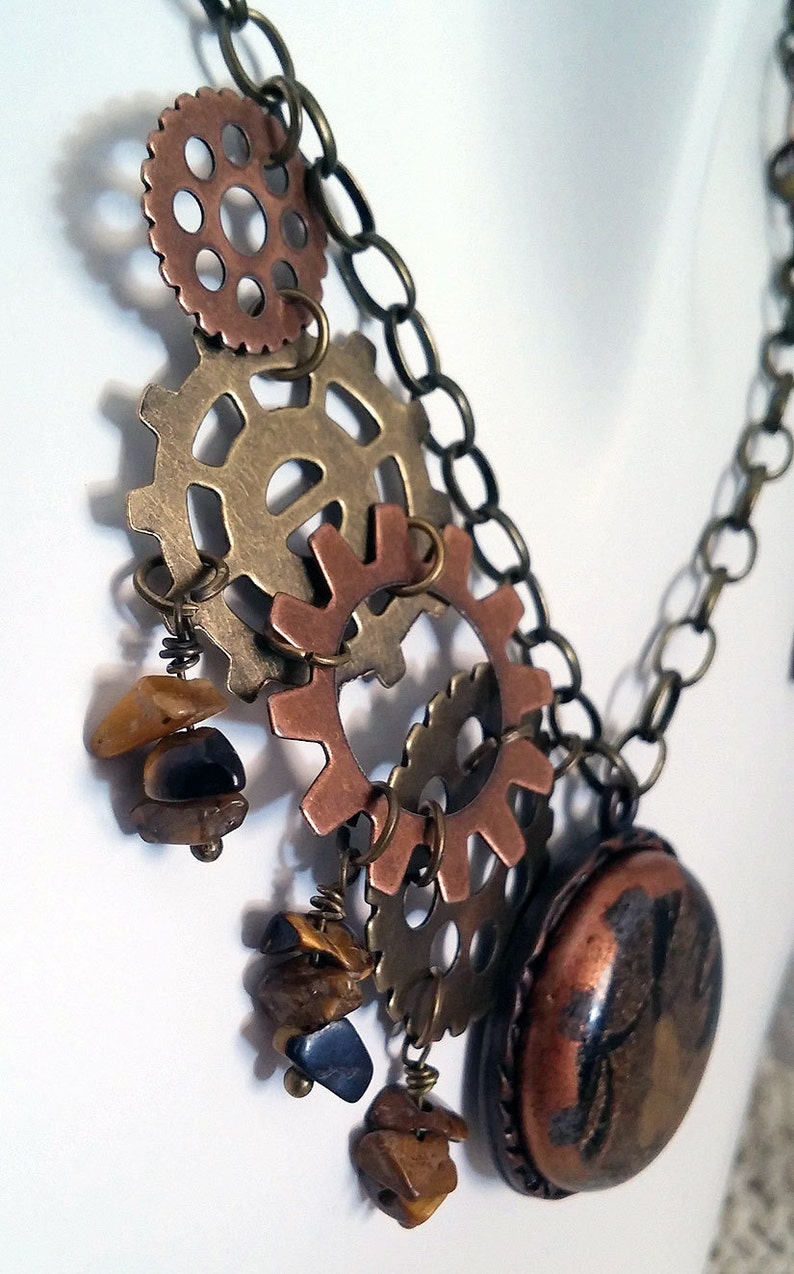 Fused Glass Handmade Jewelry Ready to Ship and Tigers Eye gemstone chips Butterfly Dreams Steampunk Necklace with Gears