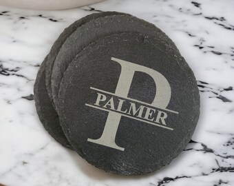 Engraved Slate Coasters, Set of Four -4- Slate Drink Coasters, Custom Wedding Gift Set, Personalized Housewarming Gift, Monogram Coasters