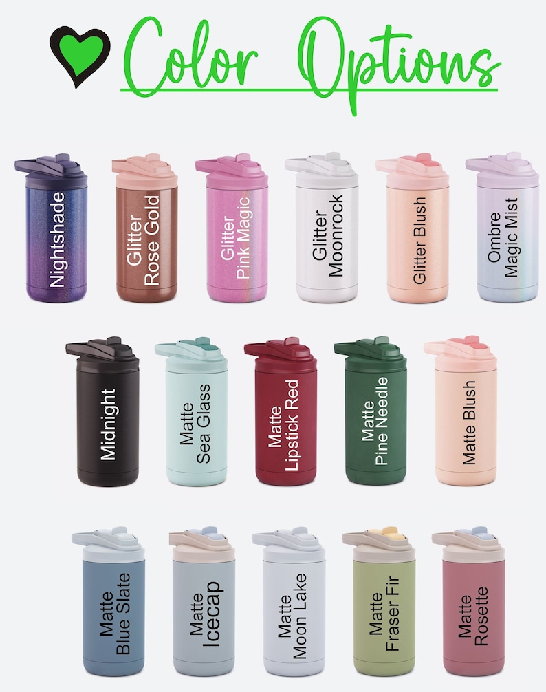 Puede incluir: Una selecci&oacute;n de 18 opciones de color diferentes para una botella de agua. La botella est&aacute; hecha de acero inoxidable y tiene una variedad de acabados, que incluyen brillo, mate y degradado. Los colores incluyen: Nightshade, Rose Gold, Pink Magic, Moonrock, Blush, Magic Mist, Midnight, Sea Glass, Lipstick Red, Pine Needle, Blue Slate, Icecap, Moon Lake, Fraser Fir, Rosette y Matte Blush.