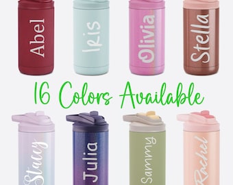 May include: Eight personalized stainless steel water bottles with different colored lids and names on them. The bottles are all the same size and shape. The text "16 Colors Available" is written below the bottles.