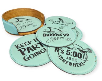 Juego de 6 posavasos redondos de cuero sintético grabado de 4" en color verde azulado Posavasos Jimmy Buffett de color verde azulado Bubbles up Parrotheads