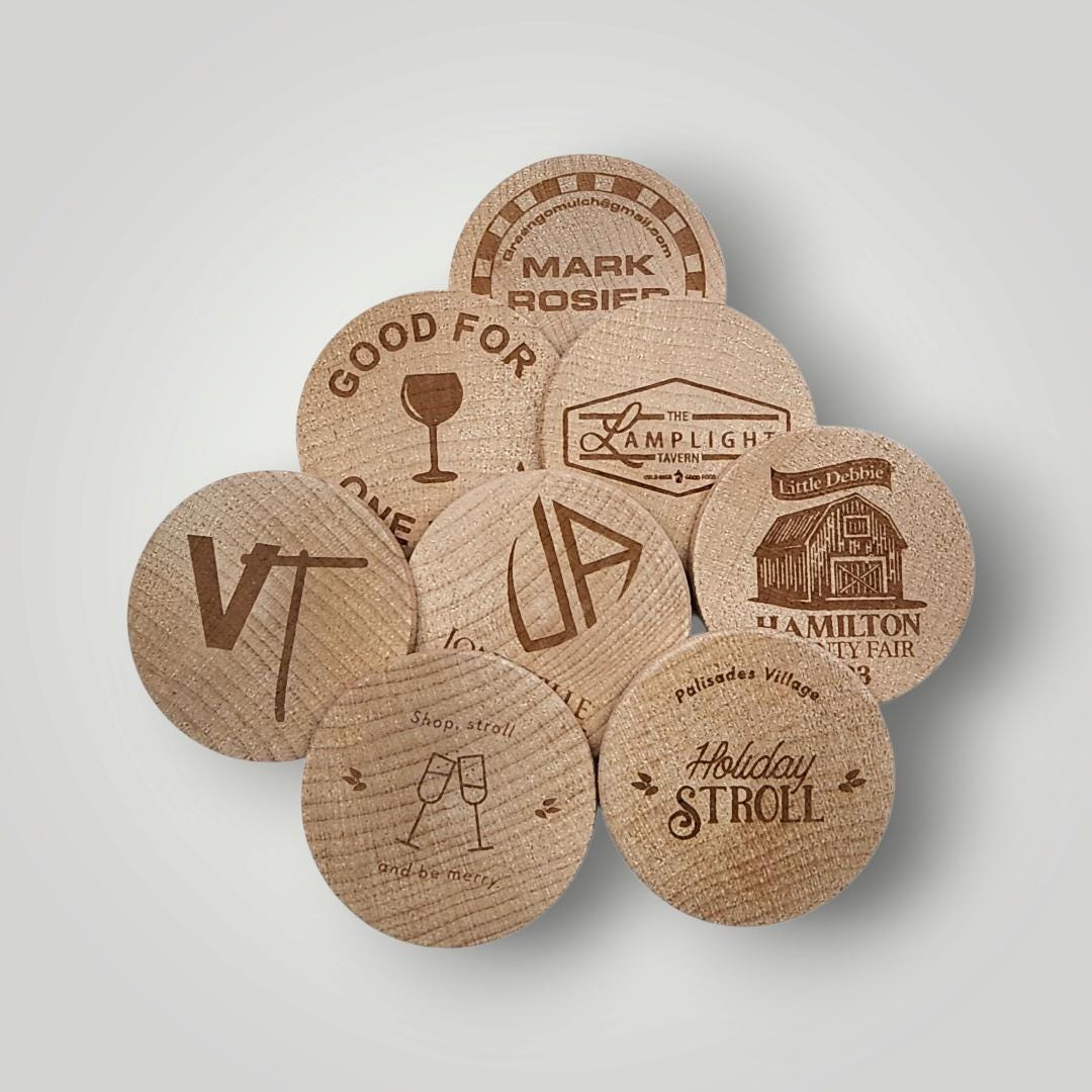 Engraved Wood Tokens Nickels, Wooden nickel, Wedding token, Drink token, Promotional Product, customize both Sides, Starting at 50 pieces