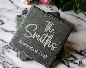 Engraved Slate Coasters, Set of Four -4- Slate Drink Coasters, Custom Wedding Gift Set, Personalized Housewarming Gift, Monogram Coasters