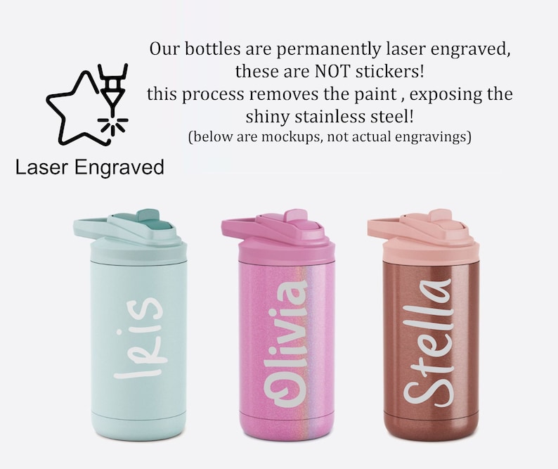 Puede incluir: Tres botellas de agua de acero inoxidable con diferentes acabados de color y nombres personalizados: Iris, Olivia y Stella. Las botellas est&aacute;n grabadas con l&aacute;ser, lo que elimina la pintura para revelar el acero inoxidable brillante.