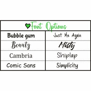 Puede incluir: Un gr&aacute;fico con el t&iacute;tulo "Opciones de fuente" que muestra una lista de diferentes fuentes, incluyendo Bubble gum, Beauty, Cambria, Comic Sans, Just Me Again, Misty, Shiplap y Simplicity.