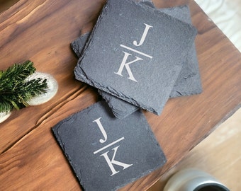 Engraved Slate Coasters, Set of Four -4- Slate Drink Coasters, Custom Wedding Gift Set, Personalized Housewarming Gift, Monogram Coasters