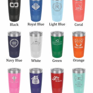 May include: A collection of insulated tumblers in various colors, including black, royal blue, light blue, coral, navy blue, white, green, orange, hot pink, purple, red, and teal. Each tumbler features a different logo or text, such as "INFINITY MARK" and "RECYCLE".