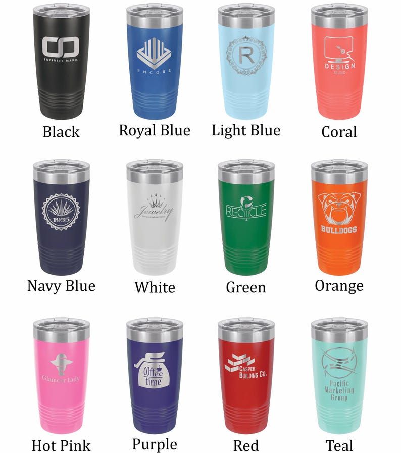 May include: A collection of insulated tumblers in various colors, including black, royal blue, light blue, coral, navy blue, white, green, orange, hot pink, purple, red, and teal. Each tumbler features a different logo or text, such as "INFINITY MARK" and "RECYCLE".